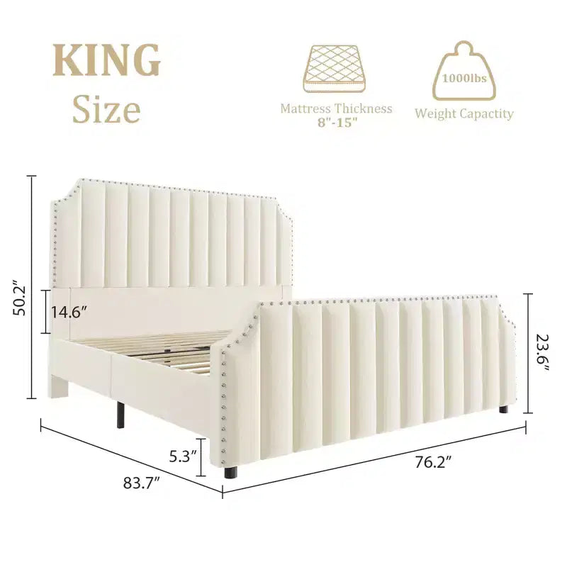 Cama tapizada de terciopelo con plataforma – Cabecero y piecero con canales, Ribete de tachuelas, Negro / Gris claro / Blanco roto, 1–2 personas