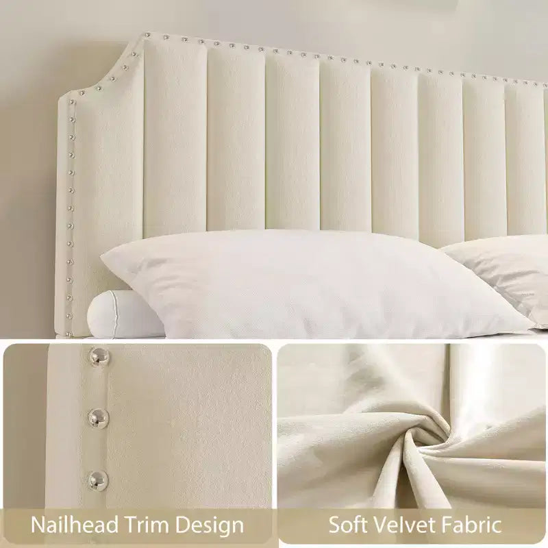 Cama tapizada de terciopelo con plataforma – Cabecero y piecero con canales, Ribete de tachuelas, Negro / Gris claro / Blanco roto, 1–2 personas