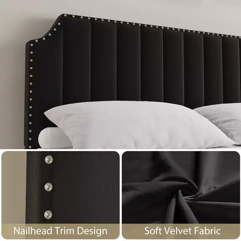 Cama tapizada de terciopelo con plataforma – Cabecero y piecero con canales, Ribete de tachuelas, Negro / Gris claro / Blanco roto, 1–2 personas