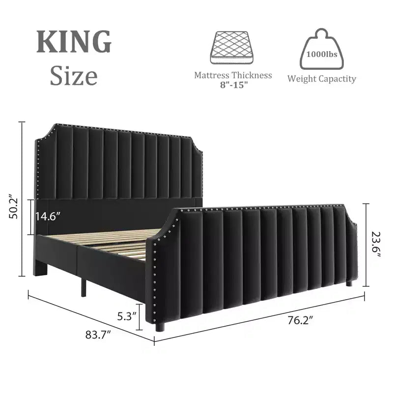 Cama tapizada de terciopelo con plataforma – Cabecero y piecero con canales, Ribete de tachuelas, Negro / Gris claro / Blanco roto, 1–2 personas