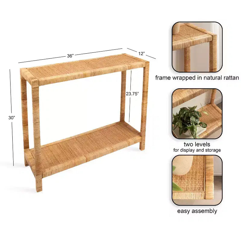 Mesa Consola de Ratán Marrón Natural, 2 Niveles, Requiere Montaje de 1 Persona