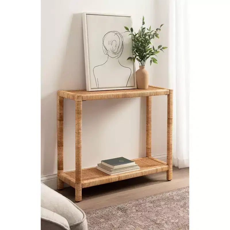 Mesa Consola de Ratán Marrón Natural, 2 Niveles, Requiere Montaje de 1 Persona