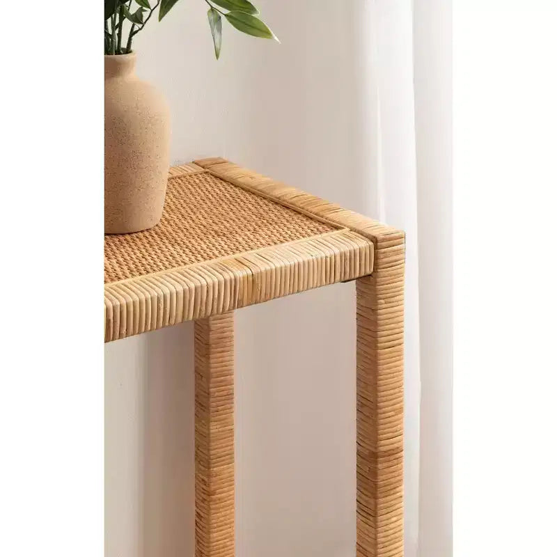 Mesa Consola de Ratán Marrón Natural, 2 Niveles, Requiere Montaje de 1 Persona