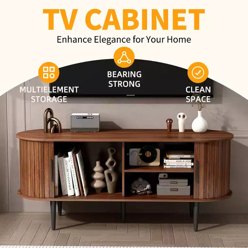 Mueble de TV de mediados de siglo moderno marrón/nogal con puerta corrediza – Capacidad hasta 55"