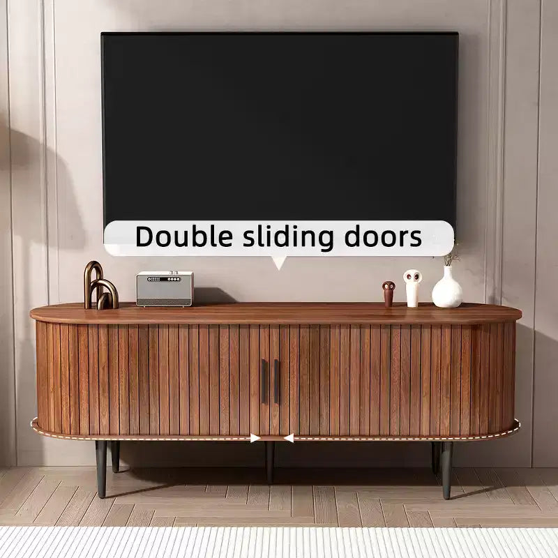 Mueble de TV de mediados de siglo moderno marrón/nogal con puerta corrediza – Capacidad hasta 55"