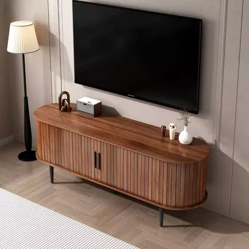 Mueble de TV de mediados de siglo moderno marrón/nogal con puerta corrediza – Capacidad hasta 55"