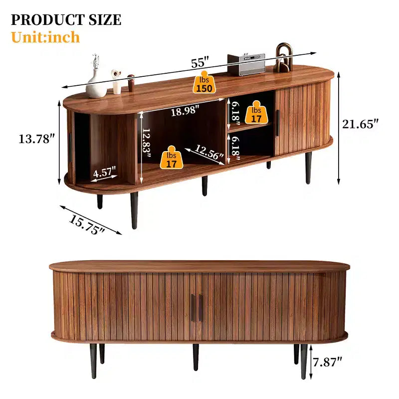 Mueble de TV de mediados de siglo moderno marrón/nogal con puerta corrediza – Capacidad hasta 55"