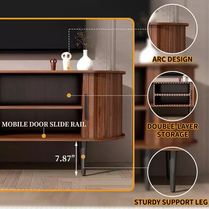 Mueble de TV de mediados de siglo moderno marrón/nogal con puerta corrediza – Capacidad hasta 55"