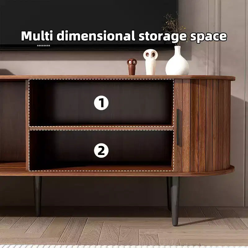 Mueble de TV de mediados de siglo moderno marrón/nogal con puerta corrediza – Capacidad hasta 55"