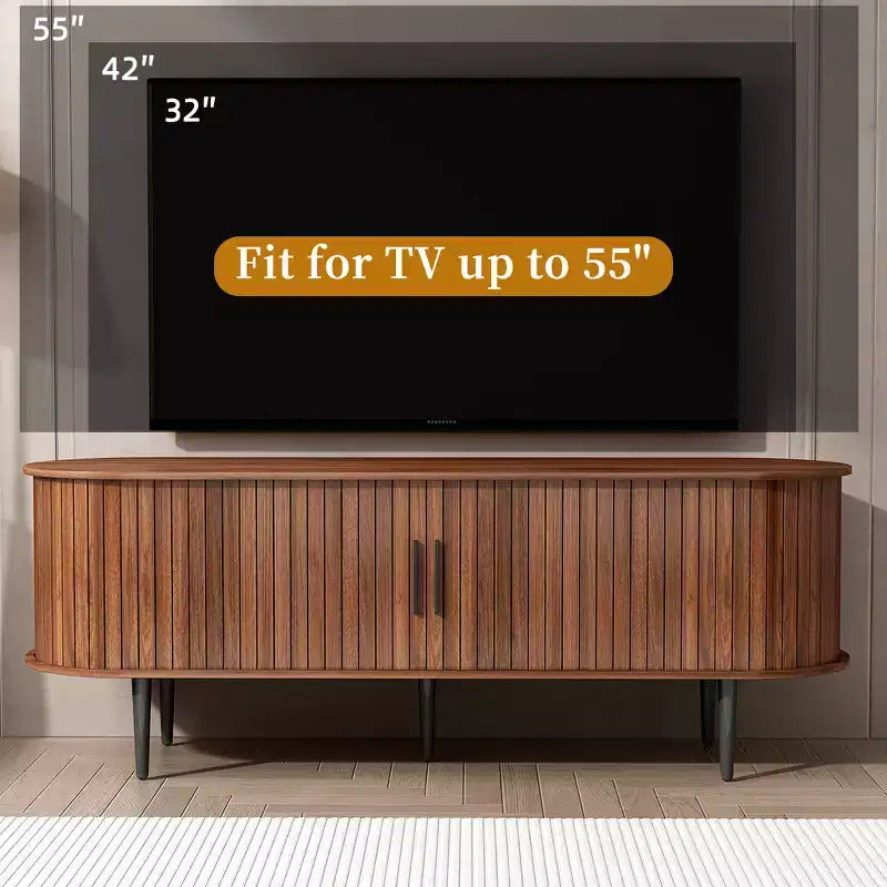 Mueble de TV de mediados de siglo moderno marrón/nogal con puerta corrediza – Capacidad hasta 55"