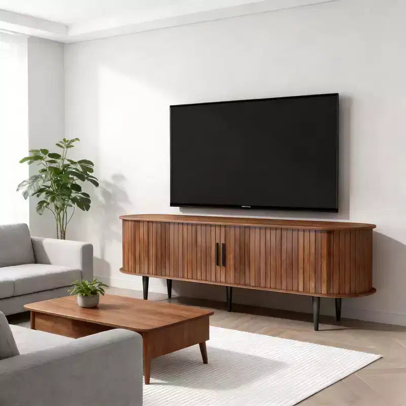 Mueble de TV de mediados de siglo moderno marrón/nogal con puerta corrediza – Capacidad hasta 55"