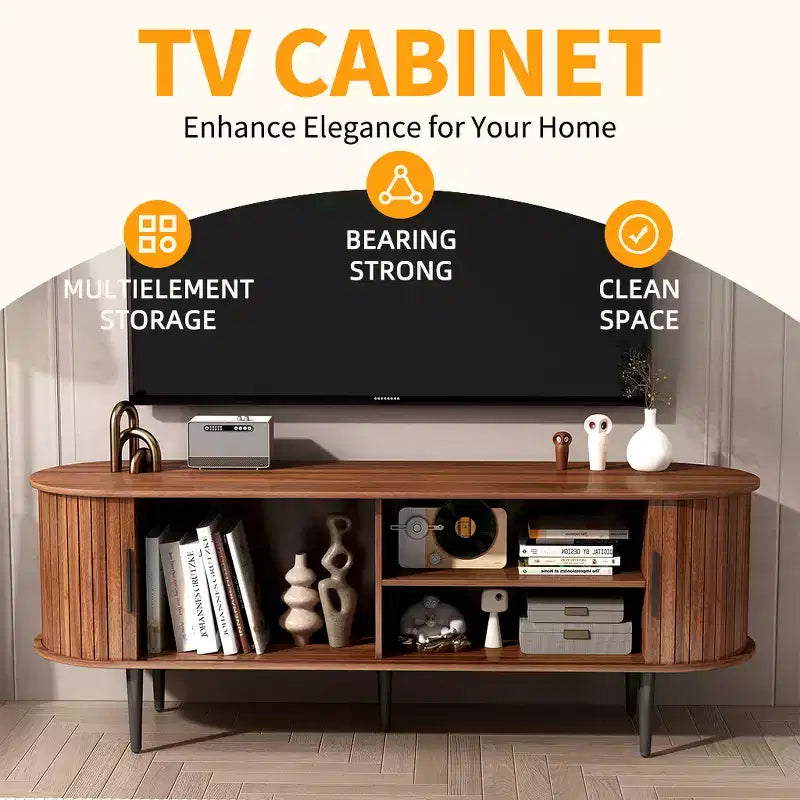 Mueble de TV de mediados de siglo moderno marrón/nogal con puerta corrediza – Capacidad hasta 55"