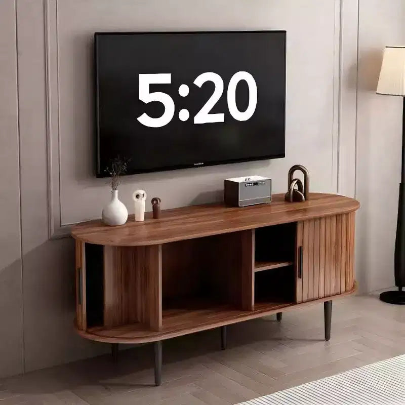 Mueble de TV de mediados de siglo moderno marrón/nogal con puerta corrediza – Capacidad hasta 55"