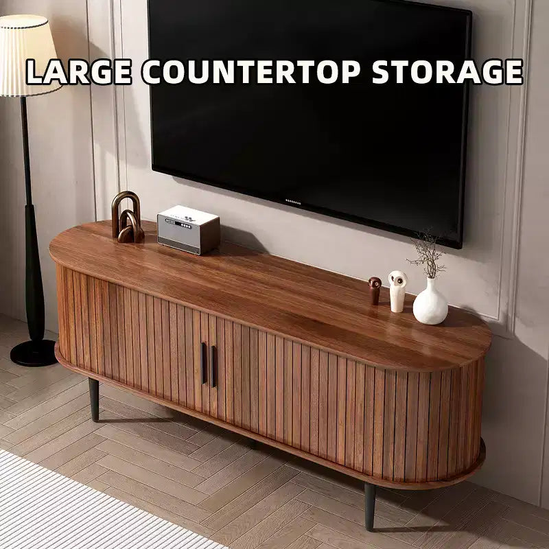 Mueble de TV de mediados de siglo moderno marrón/nogal con puerta corrediza – Capacidad hasta 55"