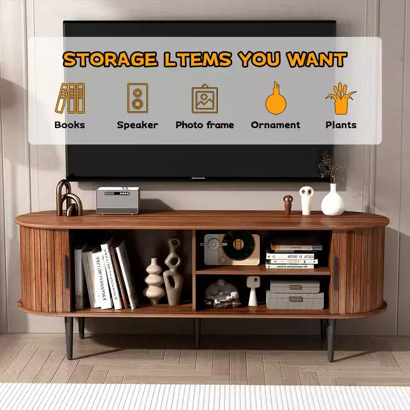 Mueble de TV de mediados de siglo moderno marrón/nogal con puerta corrediza – Capacidad hasta 55"