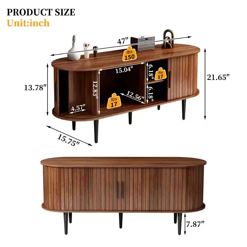 Mueble de TV de mediados de siglo moderno marrón/nogal con puerta corrediza – Capacidad hasta 55"