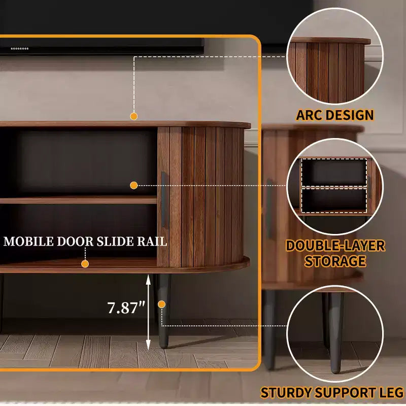 Mueble de TV de mediados de siglo moderno marrón/nogal con puerta corrediza – Capacidad hasta 55"