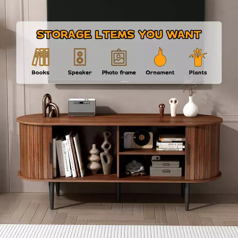 Mueble de TV de mediados de siglo moderno marrón/nogal con puerta corrediza – Capacidad hasta 55"