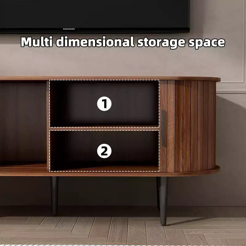 Mueble de TV de mediados de siglo moderno marrón/nogal con puerta corrediza – Capacidad hasta 55"