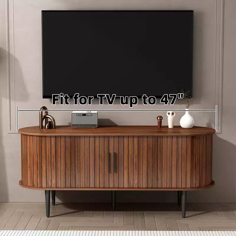 Mueble de TV de mediados de siglo moderno marrón/nogal con puerta corrediza – Capacidad hasta 55"