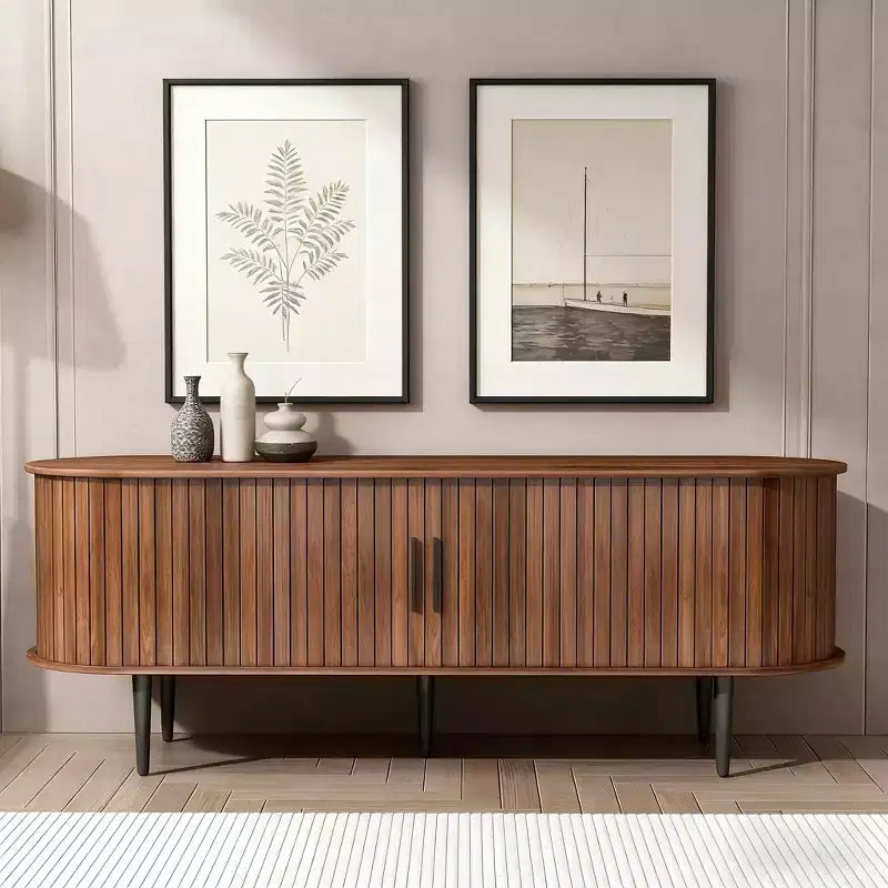 Mueble de TV de mediados de siglo moderno marrón/nogal con puerta corrediza – Capacidad hasta 55"