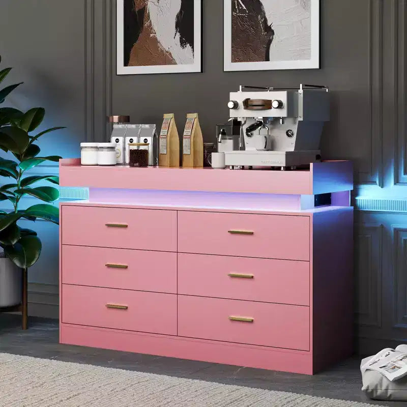 Aparador de 6 cajones con tapa flotante – Negro / Rosa / Blanco