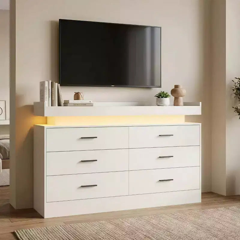 Aparador de 6 cajones con tapa flotante – Negro / Rosa / Blanco