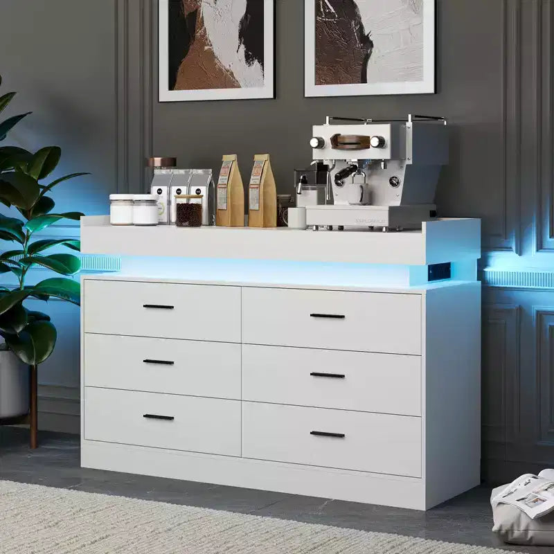 Aparador de 6 cajones con tapa flotante – Negro / Rosa / Blanco