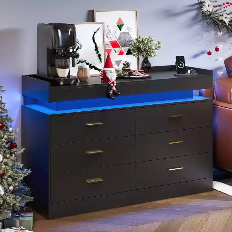 Modern 6-Drawer Dresser, TV Stand & Storage Cabinet with Floating Top, Neutral Sideboard for Living Room, Bedroom, or Dining