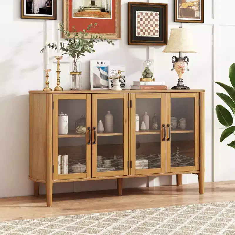 Aparador/Mueble de almacenamiento Mid-Century negro/natural con 4 puertas de cristal, 147 cm de ancho