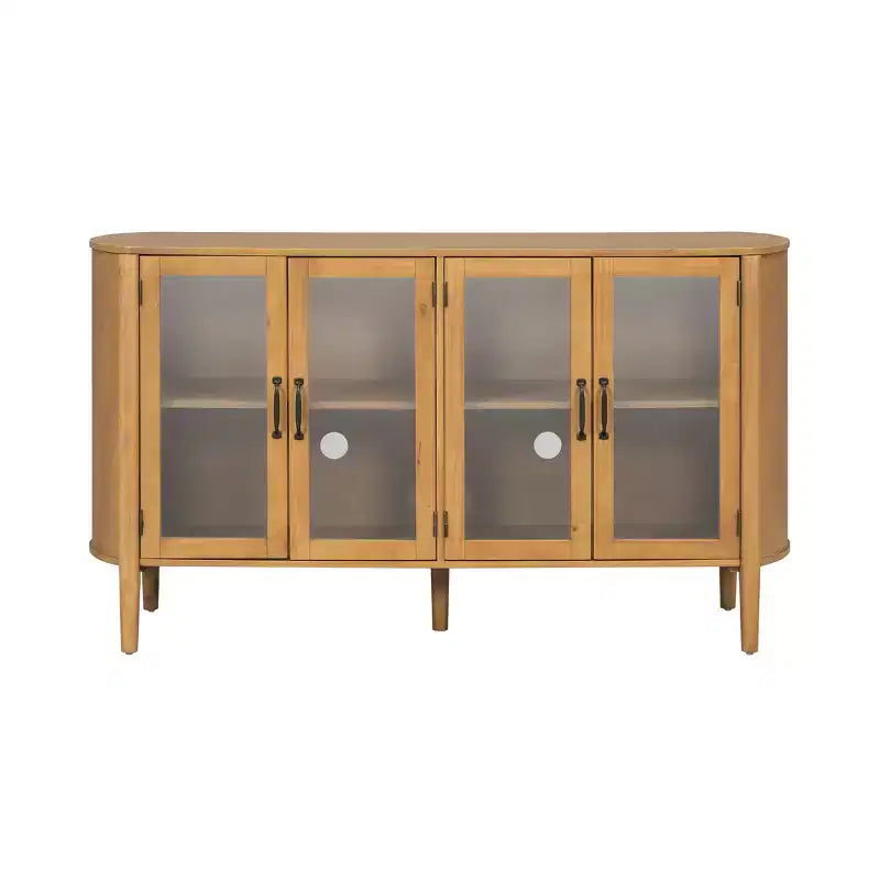 Aparador/Mueble de almacenamiento Mid-Century negro/natural con 4 puertas de cristal, 147 cm de ancho