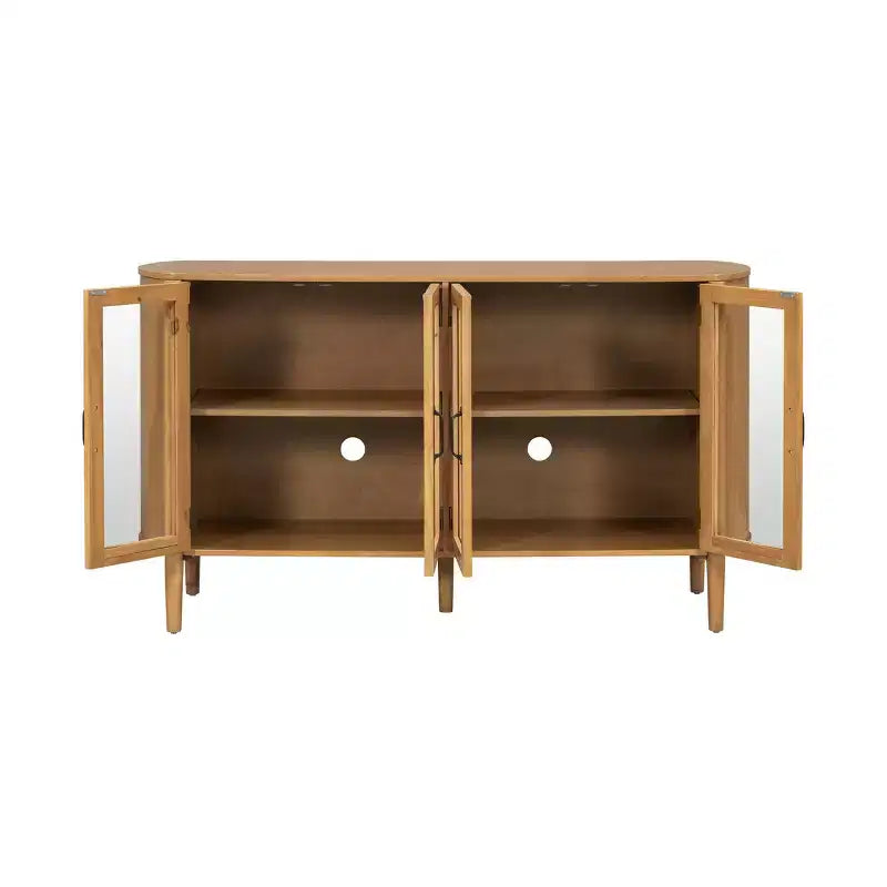 Aparador/Mueble de almacenamiento Mid-Century negro/natural con 4 puertas de cristal, 147 cm de ancho