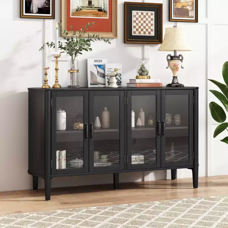Aparador/Mueble de almacenamiento Mid-Century negro/natural con 4 puertas de cristal, 147 cm de ancho