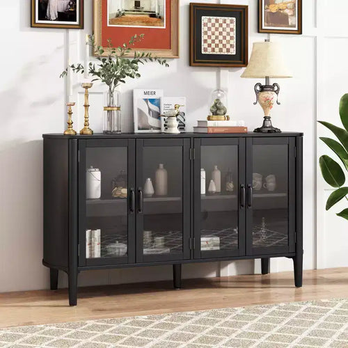Aparador/Mueble de almacenamiento Mid-Century negro/natural con 4 puertas de cristal, 147 cm de ancho