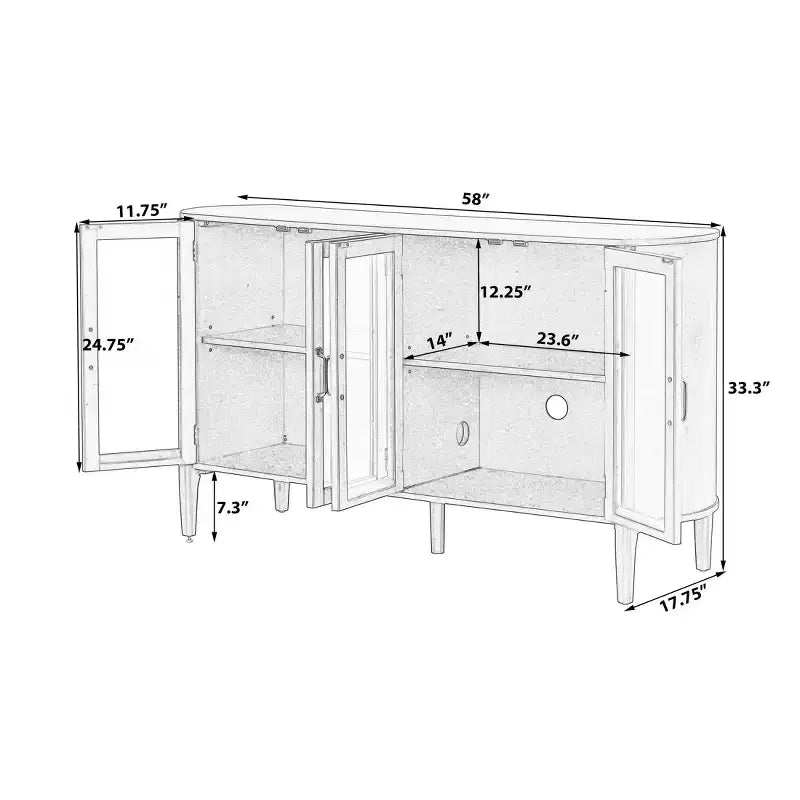 Aparador/Mueble de almacenamiento Mid-Century negro/natural con 4 puertas de cristal, 147 cm de ancho