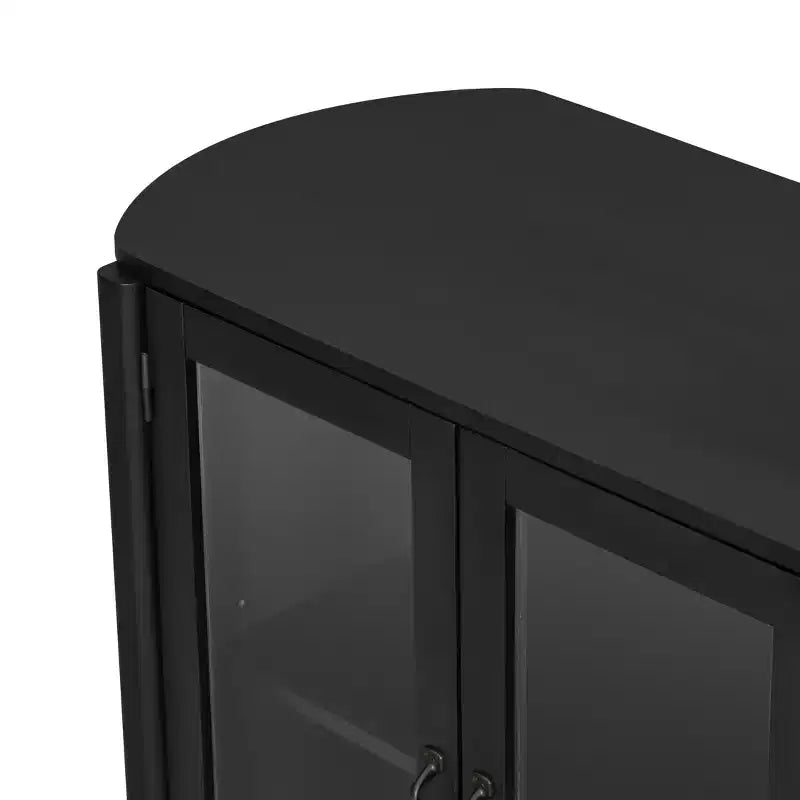 Aparador/Mueble de almacenamiento Mid-Century negro/natural con 4 puertas de cristal, 147 cm de ancho