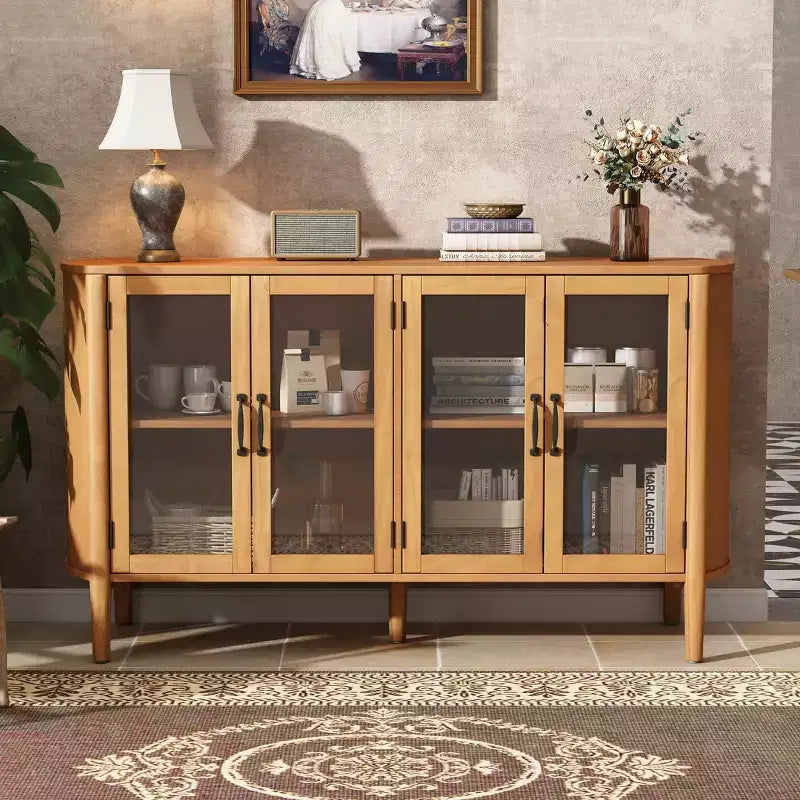 Aparador/Mueble de almacenamiento Mid-Century negro/natural con 4 puertas de cristal, 147 cm de ancho