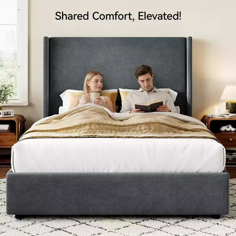 Cama tapizada Queen beige/gris con cabecera de ala, 1-2 personas, sin somier