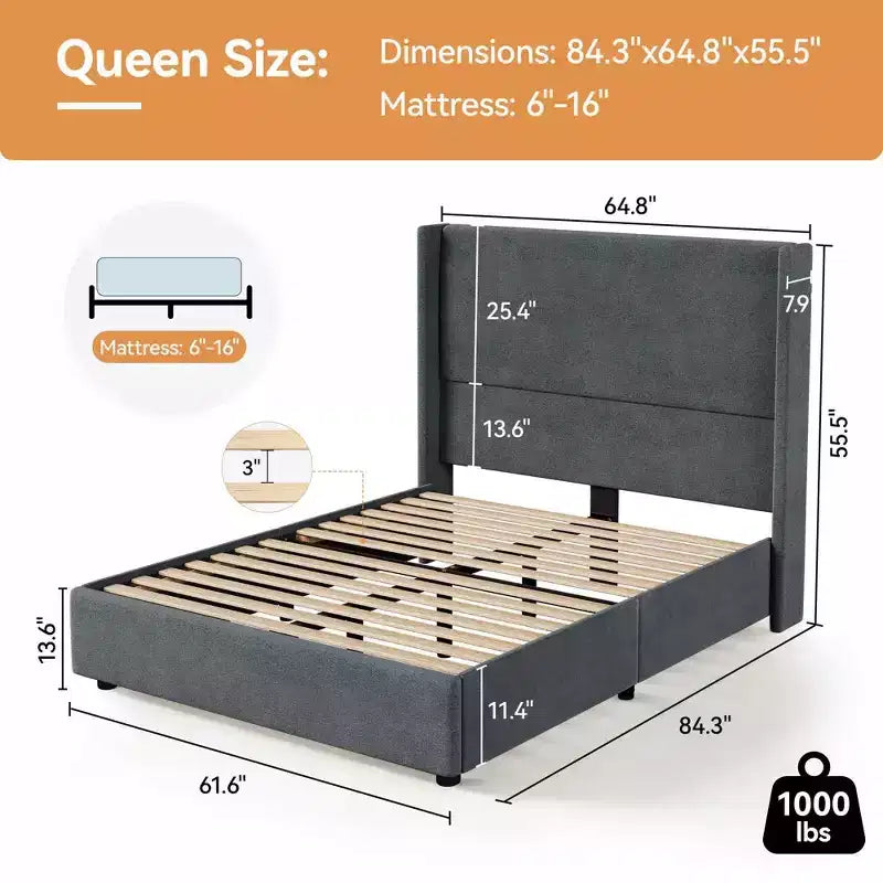 Cama tapizada Queen beige/gris con cabecera de ala, 1-2 personas, sin somier