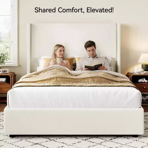 Cama tapizada Queen beige/gris con cabecera de ala, 1-2 personas, sin somier