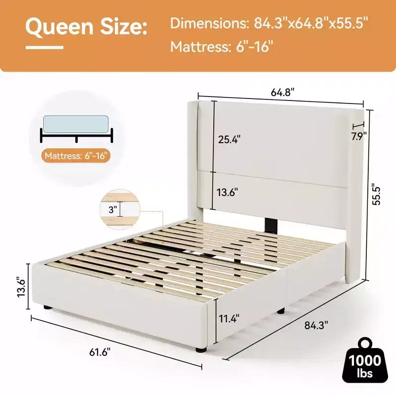 Cama tapizada Queen beige/gris con cabecera de ala, 1-2 personas, sin somier