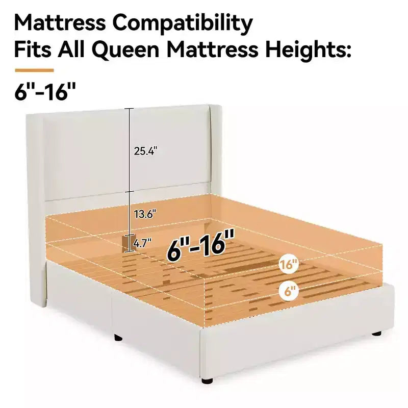 Cama tapizada Queen beige/gris con cabecera de ala, 1-2 personas, sin somier