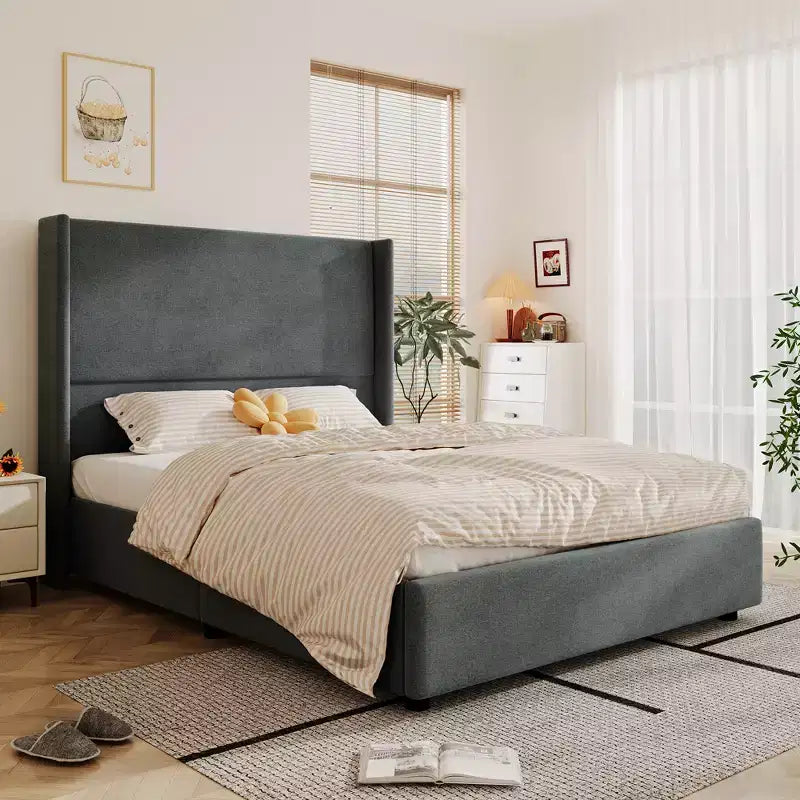 Cama tapizada Queen beige/gris con cabecera de ala, 1-2 personas, sin somier