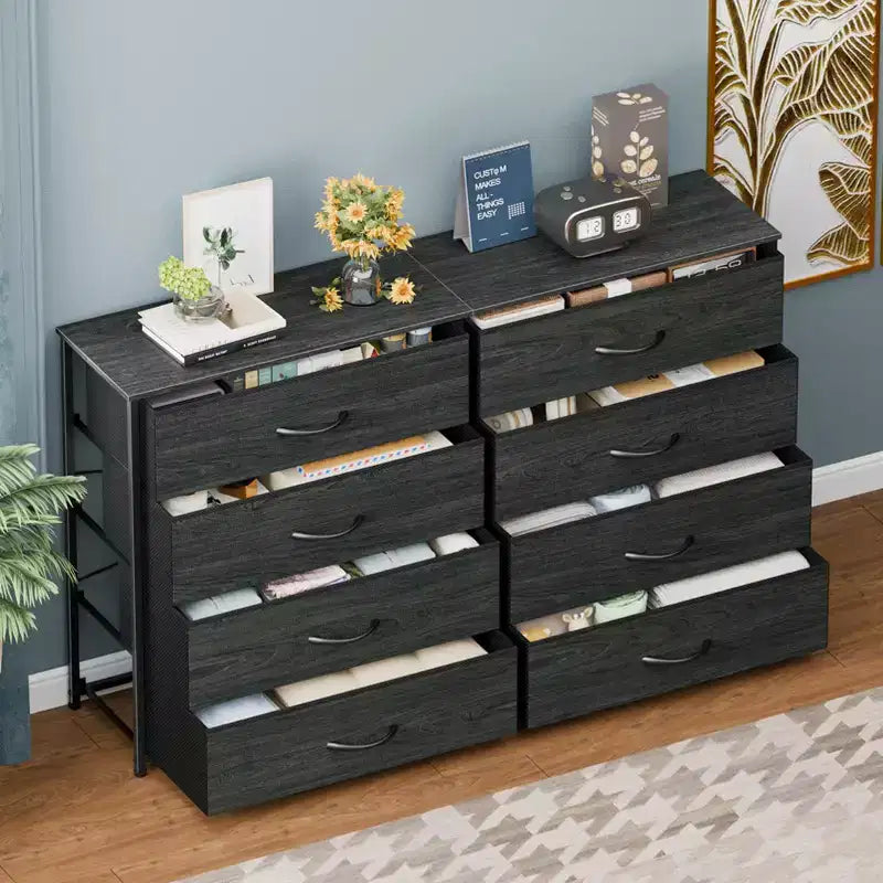 Cómoda de tela de 8 cajones y soporte para TV Black Oak, adultos