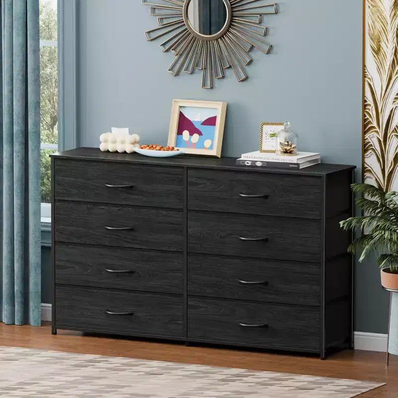 Cómoda de tela de 8 cajones y soporte para TV Black Oak, adultos