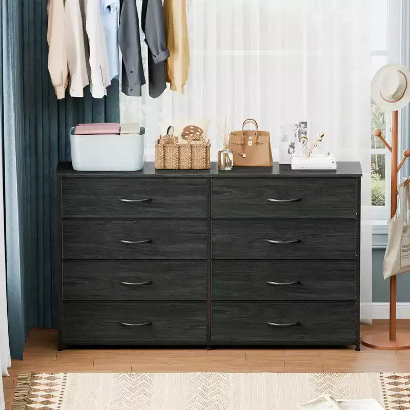 Cómoda de tela de 8 cajones y soporte para TV Black Oak, adultos