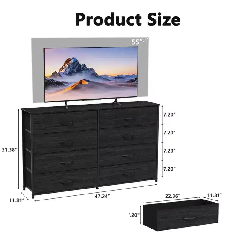 Cómoda de tela de 8 cajones y soporte para TV Black Oak, adultos