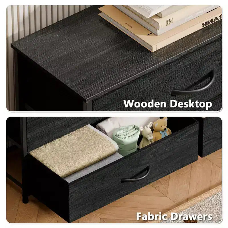 Cómoda de tela de 8 cajones y soporte para TV Black Oak, adultos