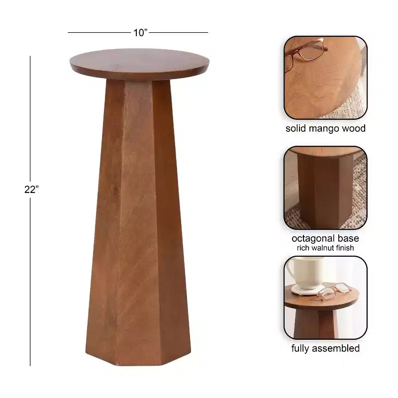 Mesa auxiliar de pedestal redonda de madera en marrón nogal/natural, individual
