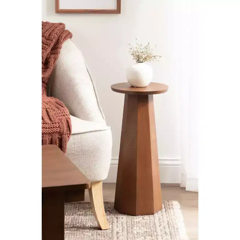 Mesa auxiliar de pedestal redonda de madera en marrón nogal/natural, individual